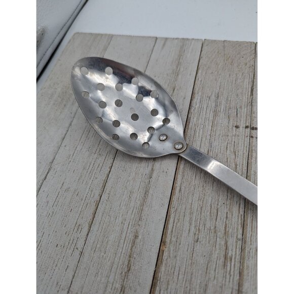 Stainless Steel Serving Slotted Spoon 12 3/4" Vintage White Fruit Veggie Handle - Picture 3 of 8